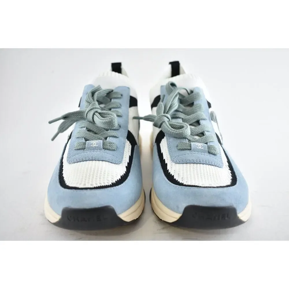 Chanel 22C Mens Blue White Grey Suede Knit CC Logo Low Top Trainer Sneaker 44 11 - Picture 3 of 8